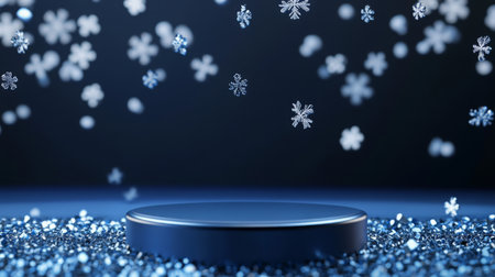 Snowflakes falling gently over a shimmering blue surface in a winter wonderland setupの素材