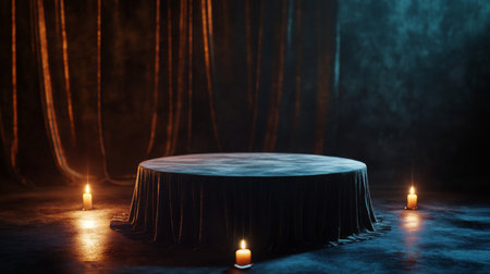 A dimly lit stage with candles surrounding a round table in an atmospheric settingの素材