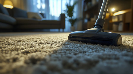 Vacuuming the living room carpet in a well-lit home during the afternoon hoursの素材