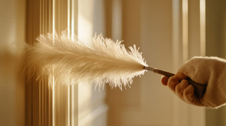 A person dusting a wall with a feather duster in a sunlit room during the afternoonの素材