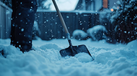 Person shoveling snow in a residential backyard during a winter snowfall at duskの素材