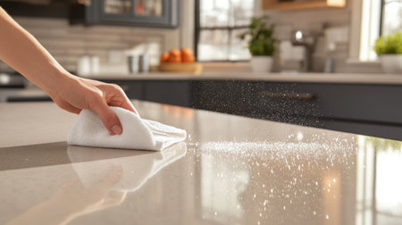A person cleaning a modern kitchen countertop with a cloth during daylightの素材