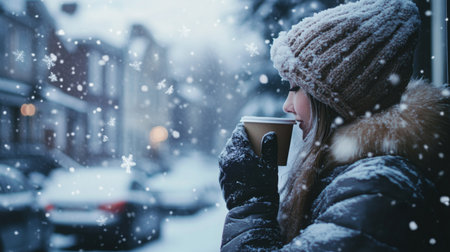 A woman enjoys a warm beverage while snow gently falls in a cozy winter settingの素材