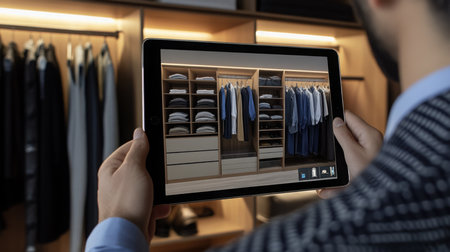 Exploring a virtual closet design on a tablet while standing in a modern wardrobe spaceの素材