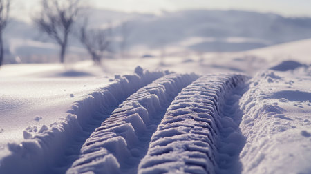 Tire tracks create patterns in fresh snow during serene winter morning in snowy landscapeの素材