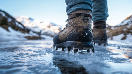Person walking on frozen lake with icy terrain and snow-capped mountains during daylightの素材