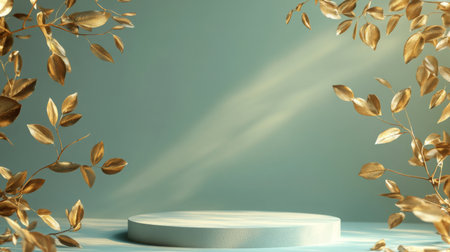 Elegant display platform surrounded by golden leaves in a softly lit settingの素材
