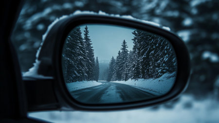 Serene winter drive along a snowy road surrounded by pine trees in a tranquil landscapeの素材