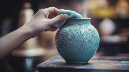 A hand wipes steam off a blue and white porcelain vaseの素材