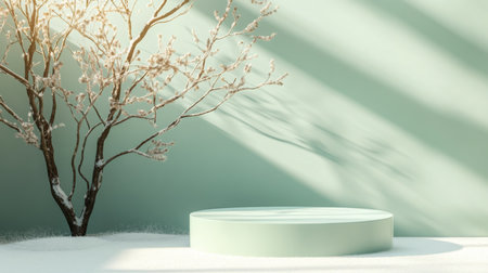 A minimalist setup featuring circular platform beside snow-covered tree in soft daylightの素材