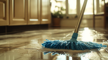 Cleaning the kitchen floor with a mop during afternoon sunlightの素材