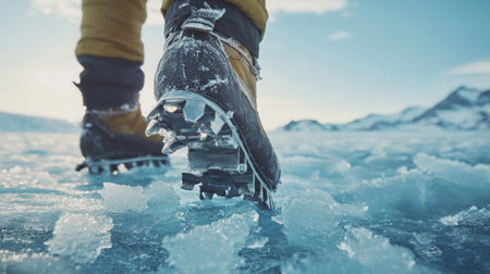 Climbing icy terrain with crampons in a stunning winter landscape during daylight hoursの素材