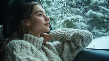 A young woman gazes out the car window during a snowy winter day in the countrysideの素材