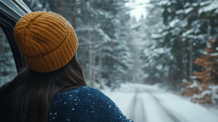 Enjoying a snowy drive through pine forests in winter while wearing a cozy orange beanieの素材