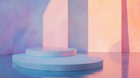 Modern minimalist circular stage with pastel-colored background and soft lightingの素材