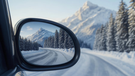 A snowy mountain range is reflected in a side mirror of a carの素材