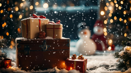 Festive gifts on a snowy evening with twinkling lights and holiday decorationsの素材