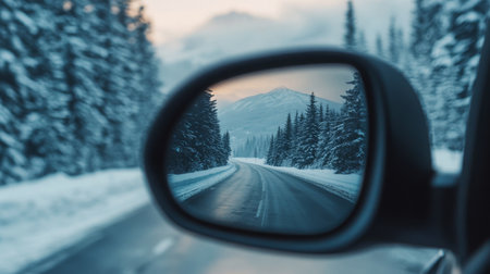 A snowy road winds through a forest, seen in a cars side mirrorの素材