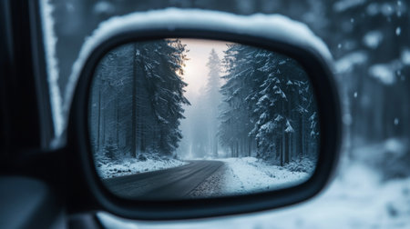Snowy road through a winter forest captured in a mirror during a foggy morning driveの素材