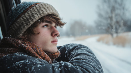 Young man gazes thoughtfully out the window on a snowy winter day in a rural settingの素材