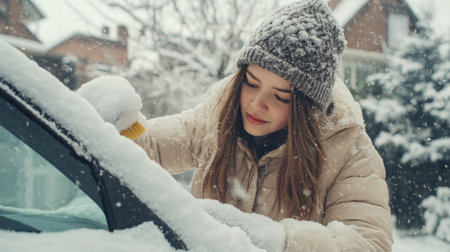 Teen girl clearing snow from a car in a winter neighborhood during a snowy dayの素材