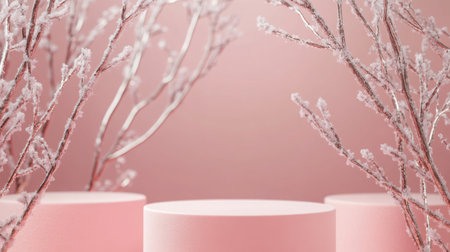 Delicate pink landscape featuring frosted branches and circular pedestals in soft lightingの素材