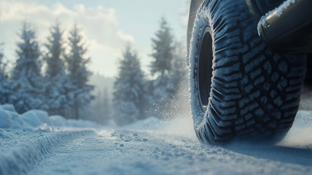 A close-up of a tire driving through fresh snow on a frosty winter day in a forestの素材