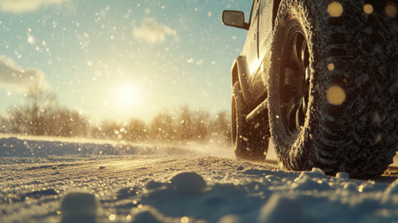 A 4x4 vehicle navigating snowy terrain under a bright winter sun in a serene landscapeの素材
