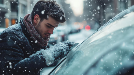 Young man scraping snow off his car windshield during a snowfall in a busy city streetの素材