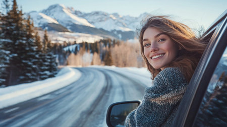 Young woman enjoying a winter road trip with mountainous landscape in the backgroundの素材