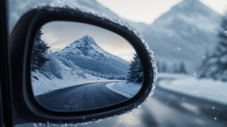 A snowy mountain peak is reflected in the side mirror of a car driving on a winding roadの素材