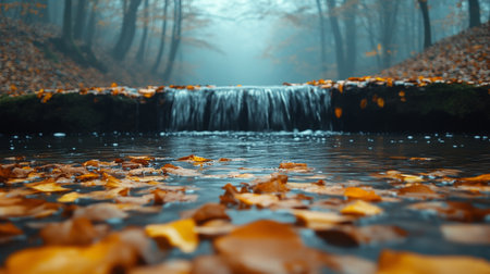 Autumn leaves float on a tranquil stream beside a gentle waterfall in a misty forest during early morning light. Generative AIの素材