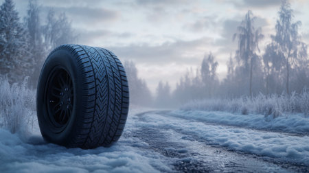 A solitary tire on a snowy road surrounded by trees in a winter landscape at dawnの素材