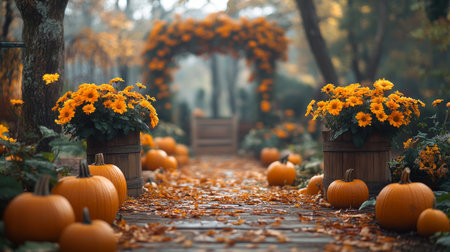 Autumn pathway lined with vibrant pumpkins and colorful flowers in a serene garden setting during the fall season. Generative AIの素材