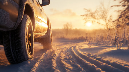 A vehicle driving through snow at sunset in a winter landscape near a forestの素材