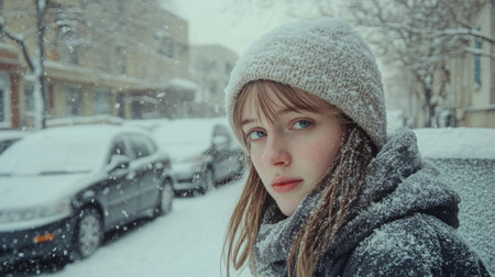 Young woman with a cozy hat in a snowy street during winter, surrounded by parked carsの素材