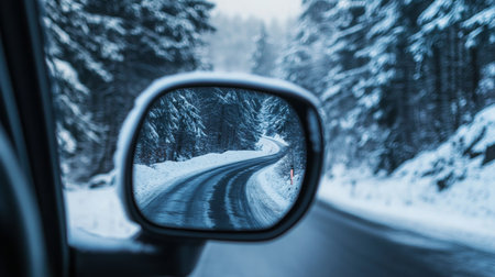 A snowy road winding through a forest captured in a cars side mirror during winterの素材