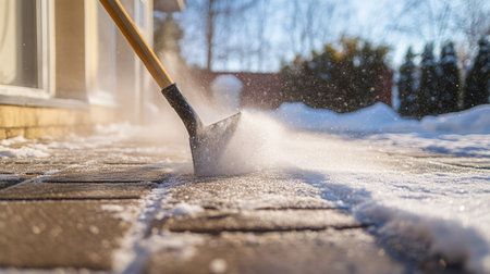 Shoveling snow on a bright winter morning in a suburban neighborhoodの素材