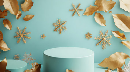 A light blue background with gold snowflakes and leavesの素材