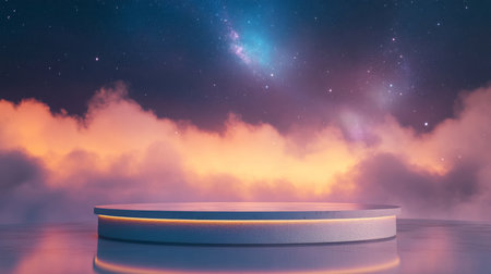 A circular stage illuminated against a vibrant cosmic sky at dusk with colorful cloudsの素材