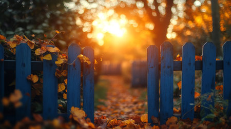 A serene autumn evening with golden sunlight filtering through a blue wooden fence amidst fallen leaves in a peaceful garden. Generative AIの素材