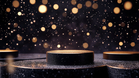 A black podium with a gold rim sits in front of a dark background with gold bokehの素材