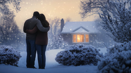 Couple embraces warmly in a snowy landscape as their cozy home glows in the backgroundの素材