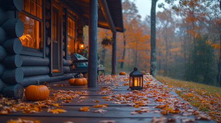 Cozy autumn evening at a rustic cabin with pumpkins and glowing lanterns surrounded by colorful leaves. Generative AIの素材