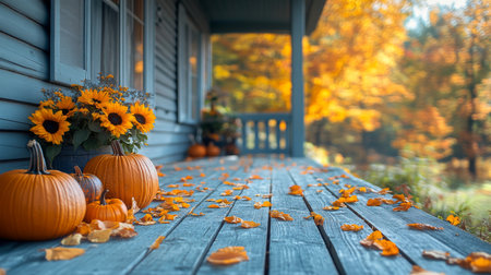 Colorful autumn porch decorated with pumpkins and sunflowers surrounded by fallen leaves in a serene outdoor setting. Generative AIの素材