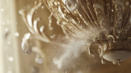Chandelier in an elegant room sparkling with dust particles in warm afternoon lightの素材
