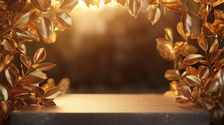 Golden foliage surrounds a textured pedestal under warm light in an artistic settingの素材