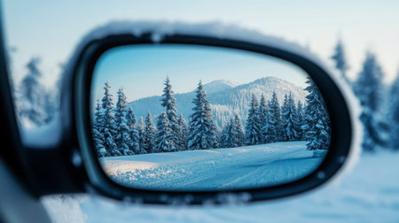Snow-covered landscape reflected in a car mirror on a crisp winter day in the mountainsの素材