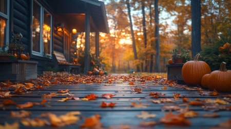 Charming autumn pathway lined with pumpkins and colorful leaves near a cozy cabin at sunset in a peaceful forest setting. Generative AIの素材