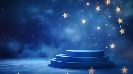 A starry night sky over a blue pedestal platform with rising fog and twinkling starsの素材